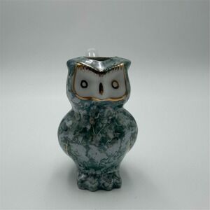 Vintage‎ Owl Creamer Pitcher Green Marbleized Glaze Gold Trim Souvenir